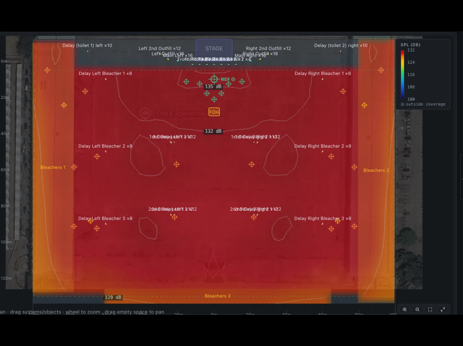 DSP Network Manager plan view: SPL mapping of an XTO 14X stadium design